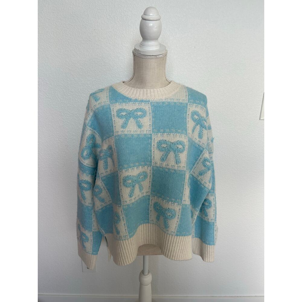 Soho & Stella Coquette Oversized Cozy Blue and White Bow Sweater - L